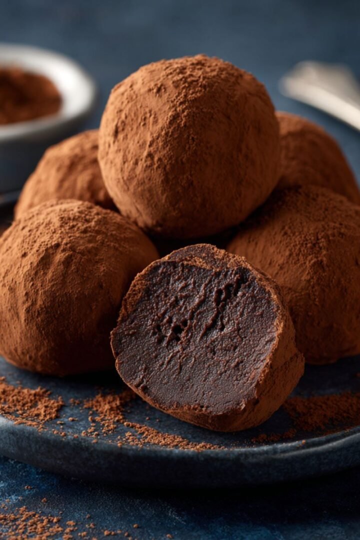Rich 25 minute coffee truffles with dark chocolate coating and cocoa powder dusting