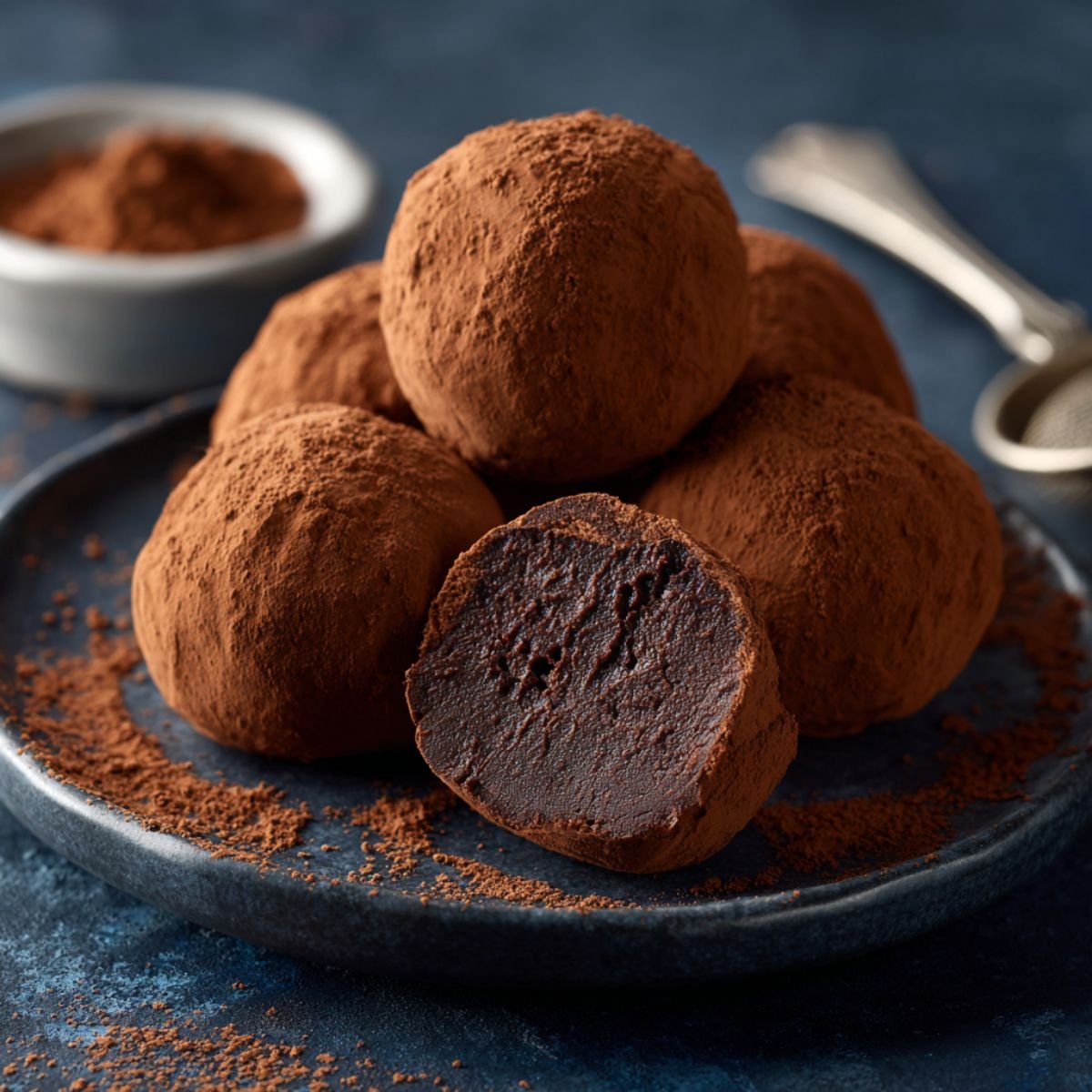 Rich 25 minute coffee truffles with dark chocolate coating and cocoa powder dusting