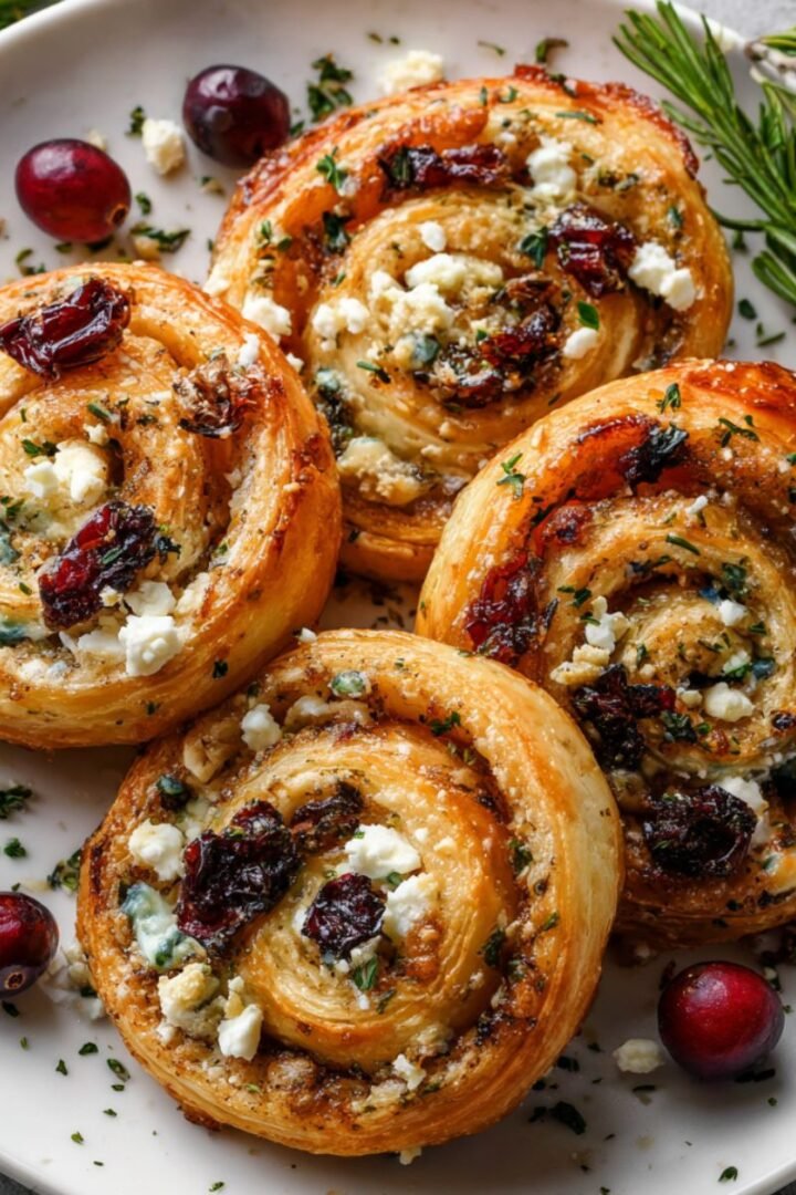 Golden 35 minute cranberry cream cheese pinwheels with feta herbs and cranberries on white plate