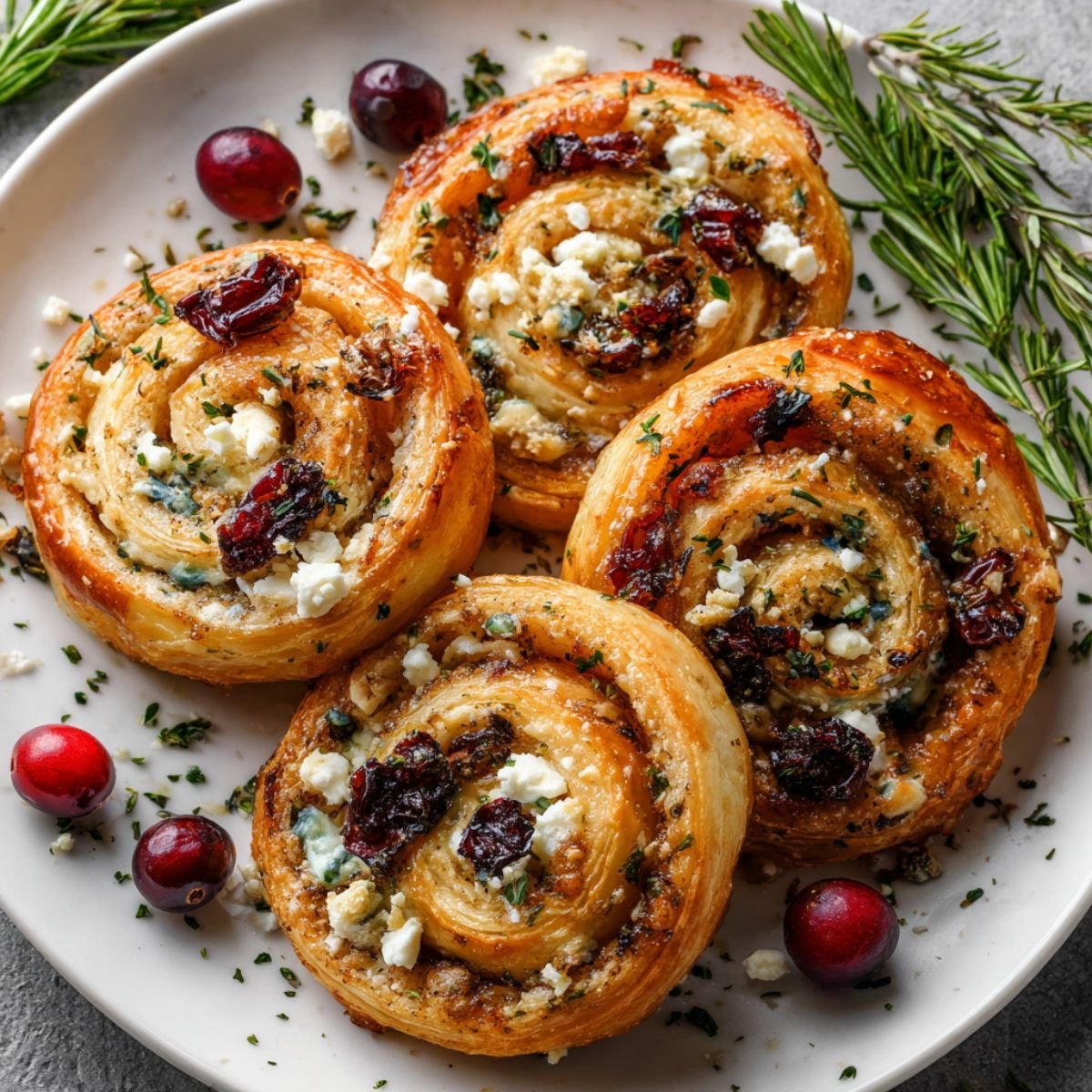 Golden 35 minute cranberry cream cheese pinwheels with feta herbs and cranberries on white plate