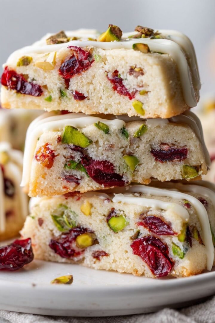 Elegant 45 minute cranberry pistachio shortbread cookies with white chocolate drizzle dried cranberries and pistachios stacked on white plate