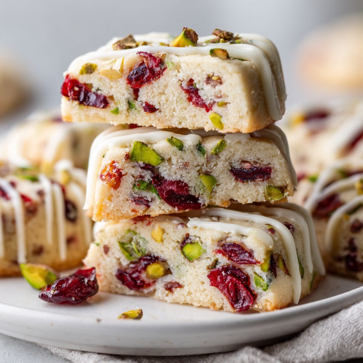 Elegant 45 minute cranberry pistachio shortbread cookies with white chocolate drizzle dried cranberries and pistachios stacked on white plate