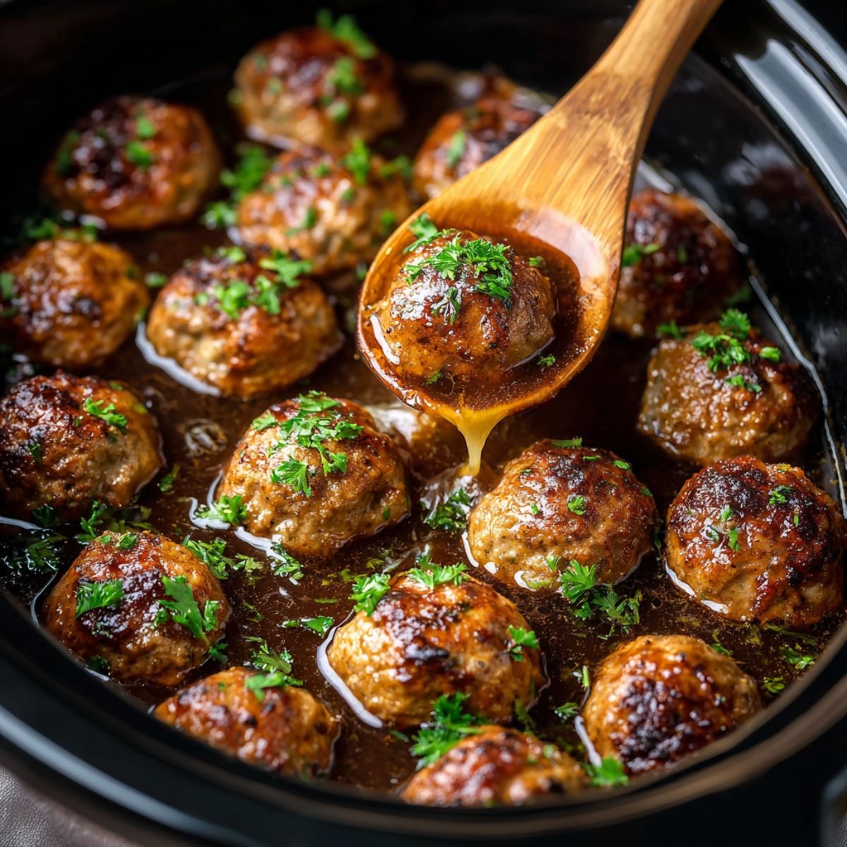 Savory 4 hour crock pot french onion meatballs with melted cheese rich gravy and fresh parsley