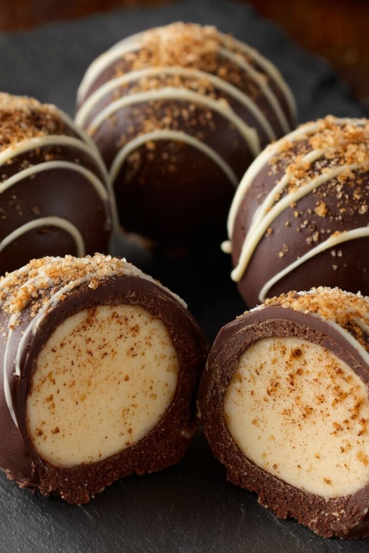 Creamy 30 minute eggnog truffles with dark chocolate coating white chocolate drizzle and nutmeg topping