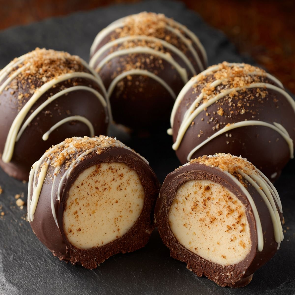 Creamy 30 minute eggnog truffles with dark chocolate coating white chocolate drizzle and nutmeg topping