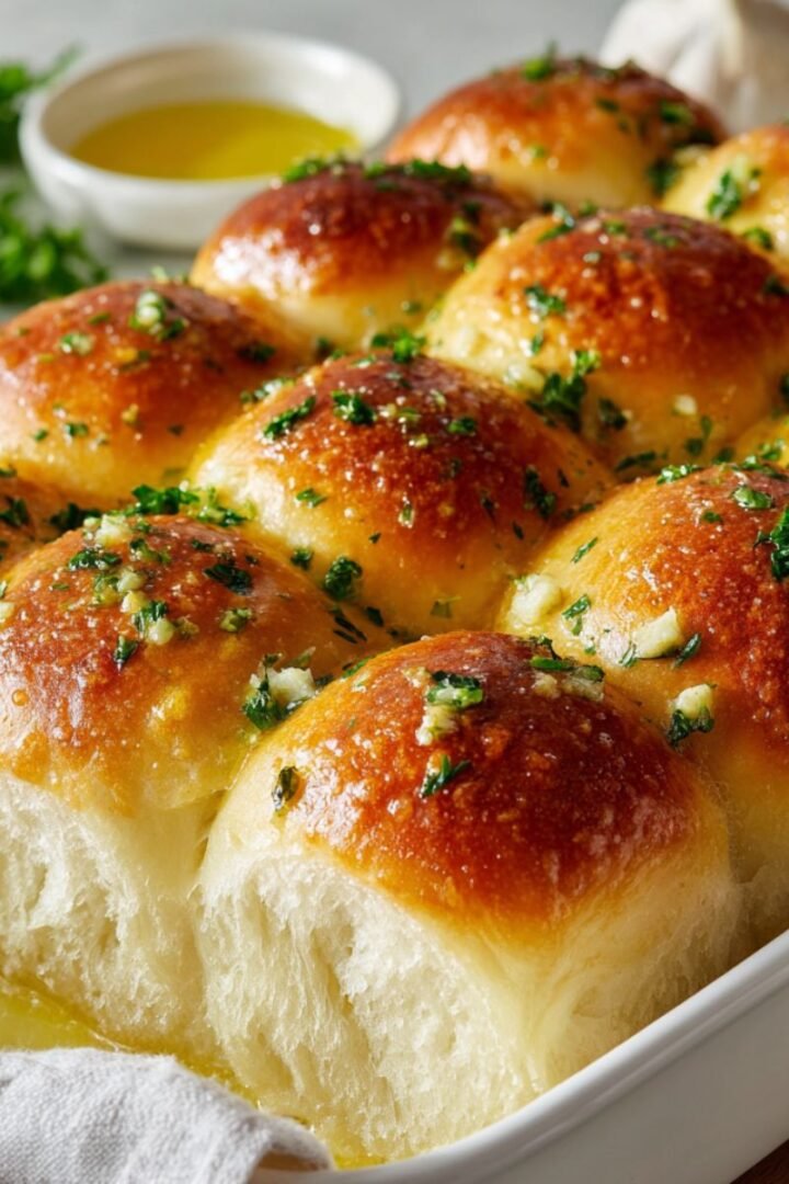 Soft 25 minute garlic bread rolls with golden tops brushed with garlic butter and fresh parsley