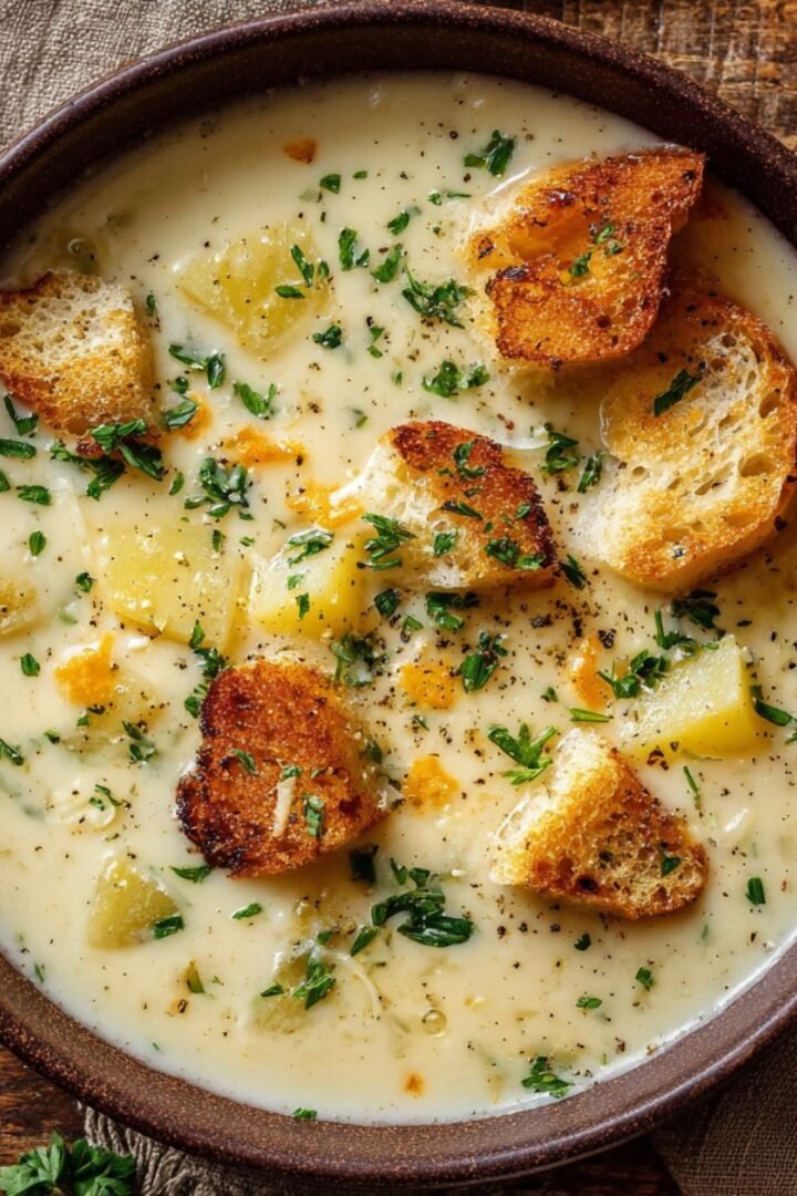 Creamy 35 minute garlic potato soup with tender potato chunks cheddar cheese fresh herbs and toasted bread
