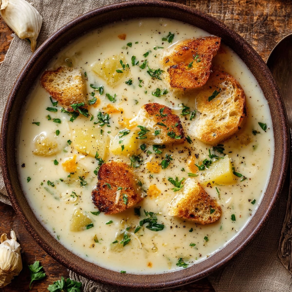 Creamy 35 minute garlic potato soup with tender potato chunks cheddar cheese fresh herbs and toasted bread