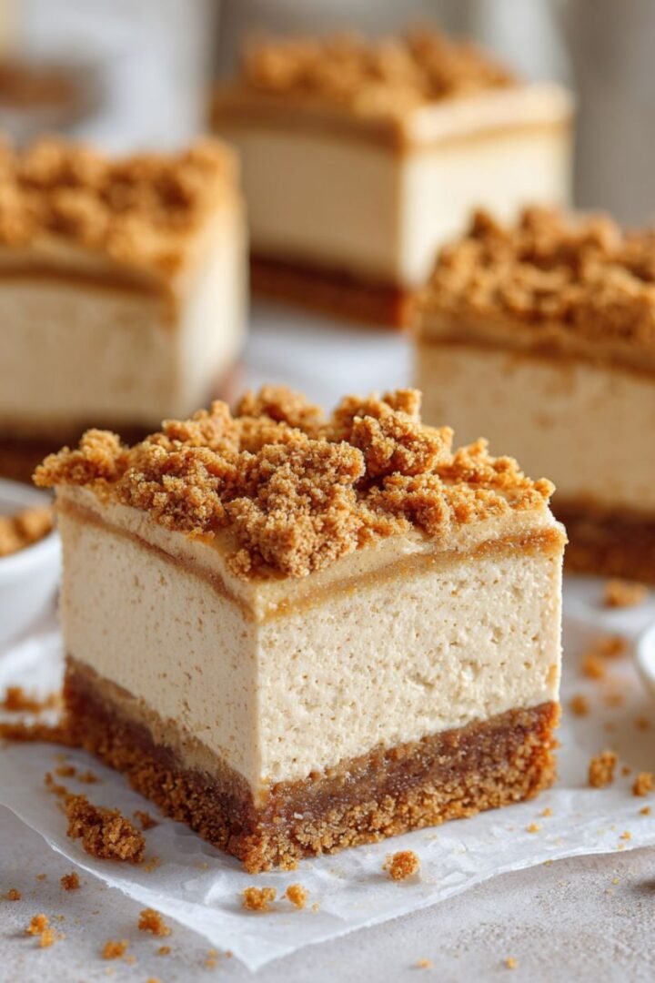Layered 60 minute gingerbread cheesecake bars with spiced cookie crust creamy filling and golden top layer