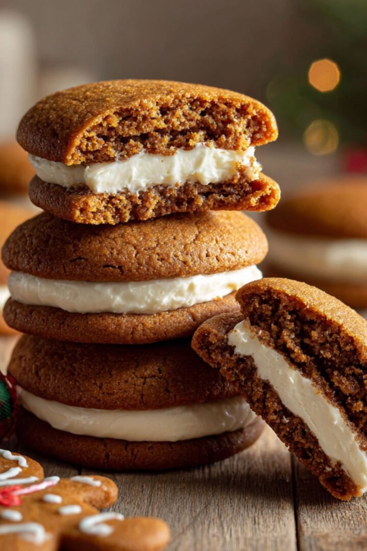Soft 30 minute gingerbread cheesecake cookies with cream cheese filling stacked showing cross section