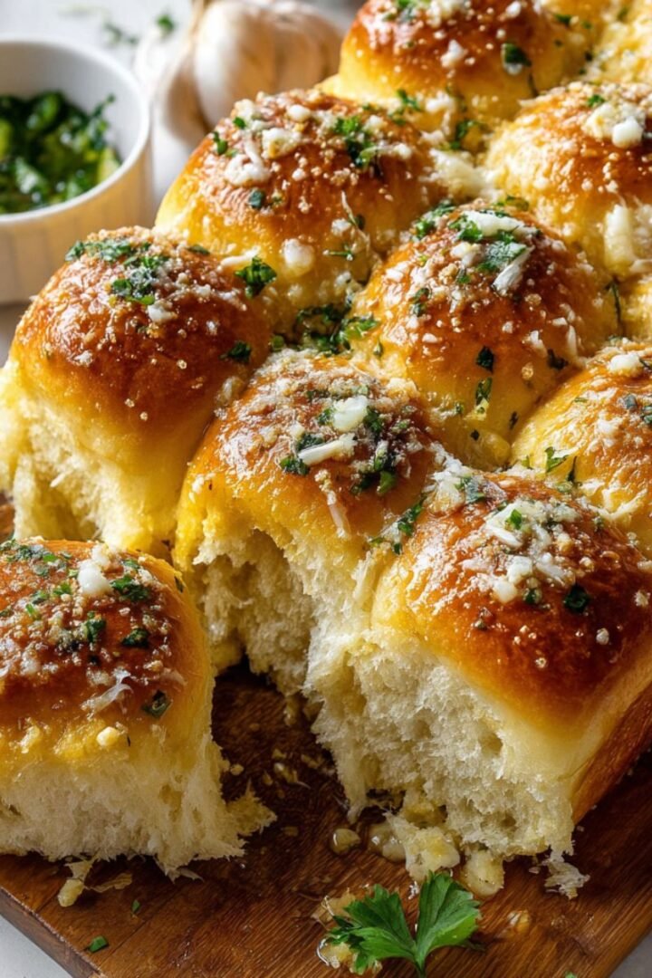 Buttery 20 minute hawaiian roll garlic bread with golden tops parmesan cheese and fresh parsley