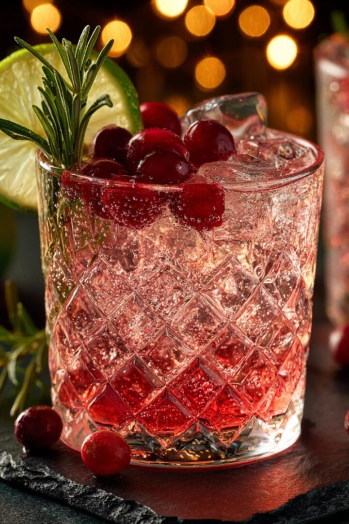 Sparkling 5 minute holiday moscow mule recipe with cranberry juice vodka ginger beer garnished with fresh cranberries lime and rosemary