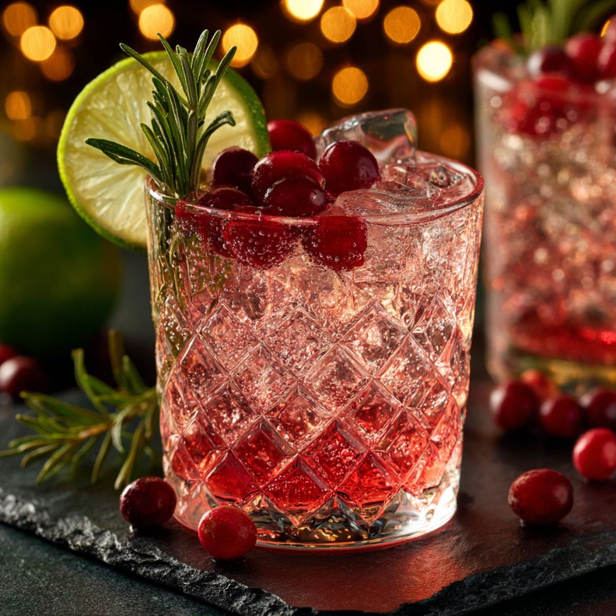 Sparkling 5 minute holiday moscow mule recipe with cranberry juice vodka ginger beer garnished with fresh cranberries lime and rosemary