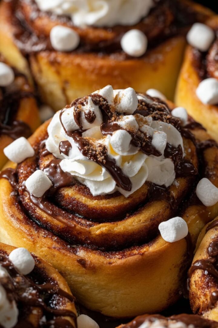 Fluffy 90 minute hot cocoa cinnamon rolls with chocolate drizzle whipped cream marshmallows and cocoa powder