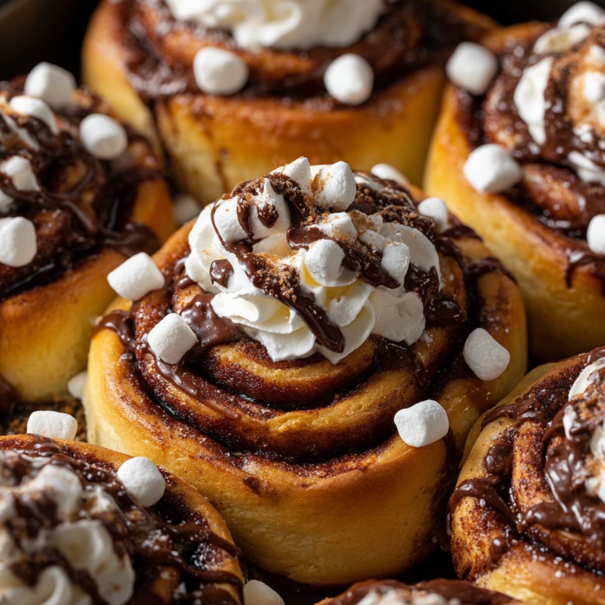 Fluffy 90 minute hot cocoa cinnamon rolls with chocolate drizzle whipped cream marshmallows and cocoa powder