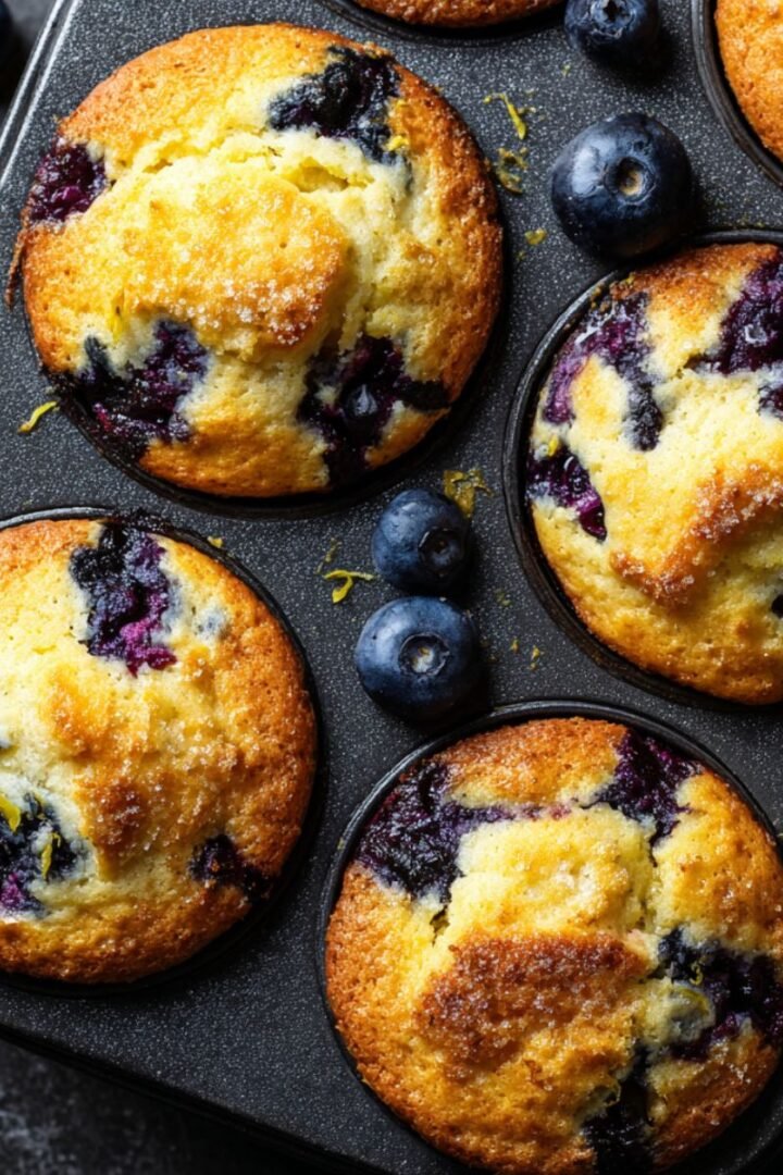 Fluffy 25 minute lemon blueberry cottage cheese muffins with golden tops and burst blueberries in muffin tin