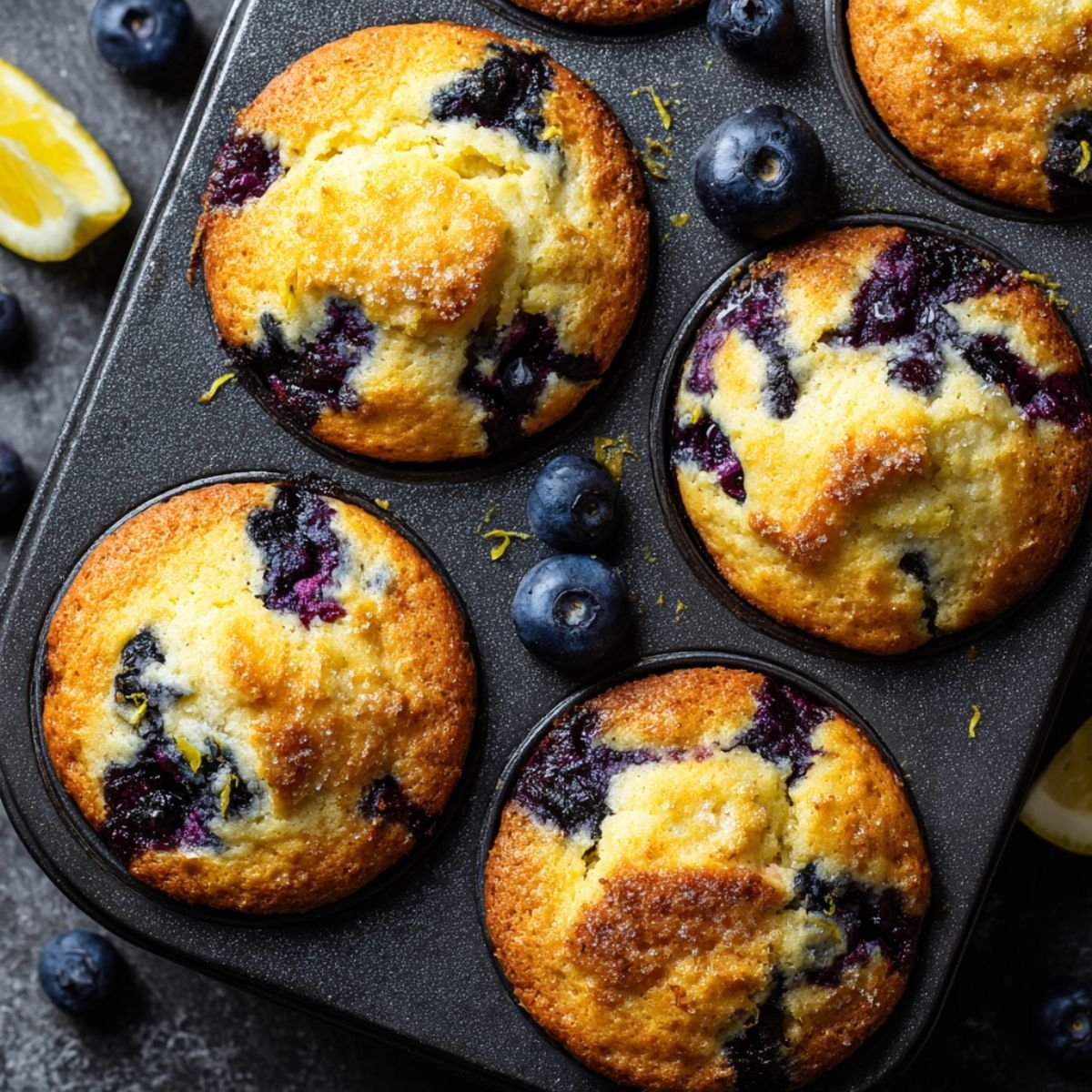 Fluffy 25 minute lemon blueberry cottage cheese muffins with golden tops and burst blueberries in muffin tin