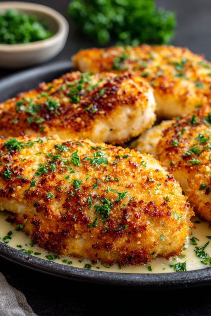 Golden 35 minute longhorn steakhouse parmesan crusted chicken with crispy parmesan crust melted cheese and fresh parsley in creamy sauce