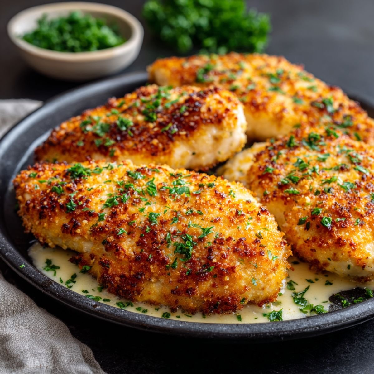 Golden 35 minute longhorn steakhouse parmesan crusted chicken with crispy parmesan crust melted cheese and fresh parsley in creamy sauce