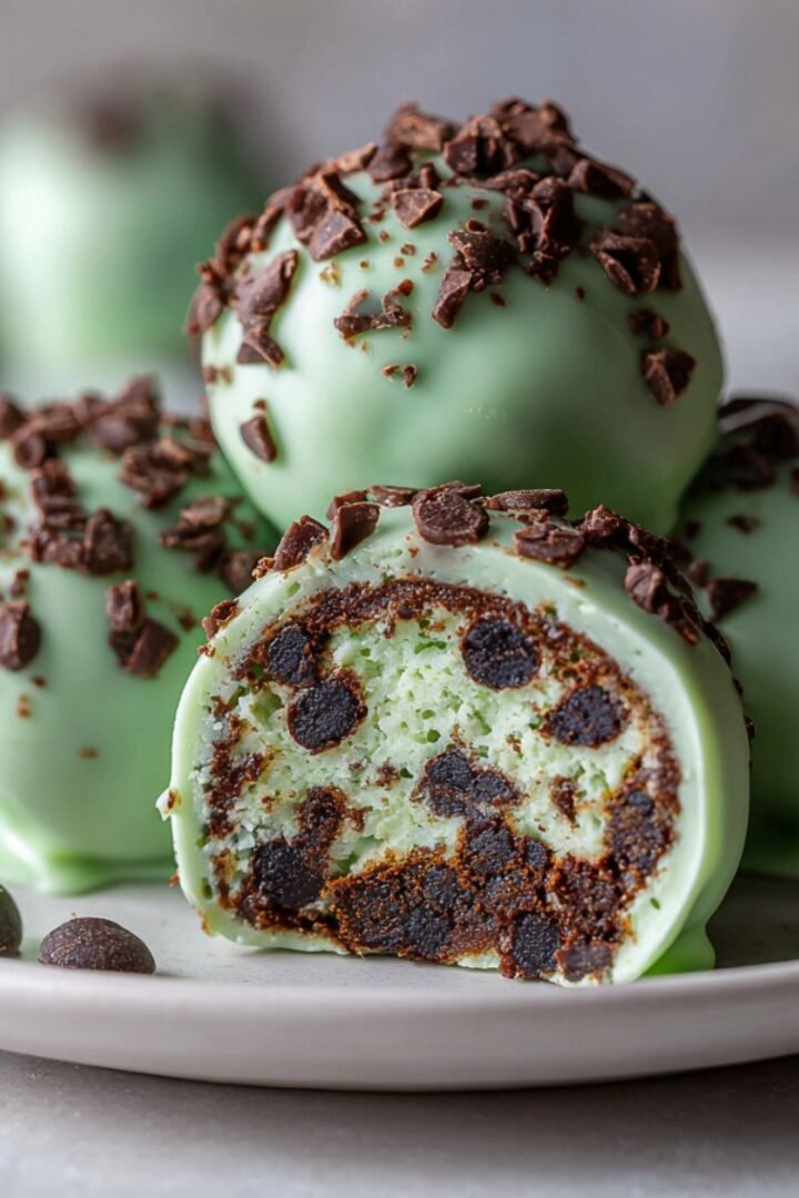 Healthy 15 minute mint chocolate chip protein balls with green coating and chocolate chips showing cross section