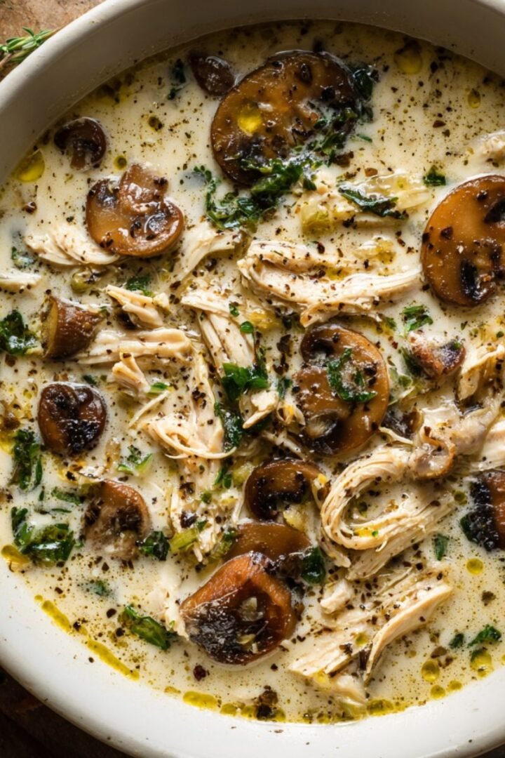 Creamy 30 minute rotisserie chicken mushroom soup with shredded chicken sliced mushrooms and fresh herbs in rich cream broth