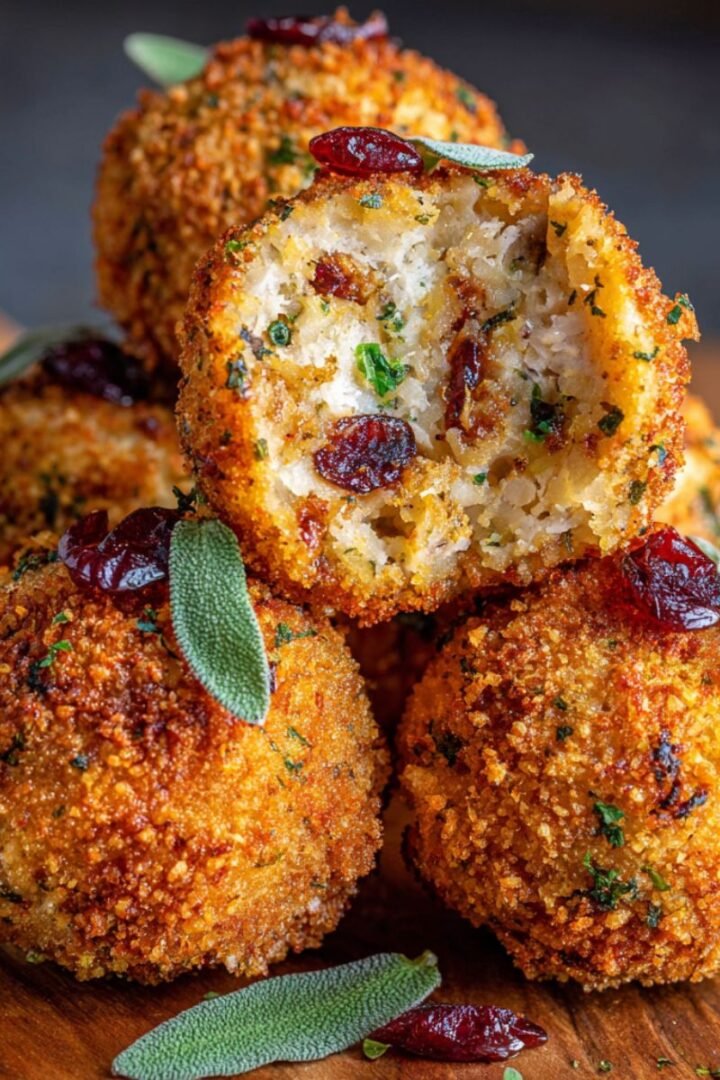 Crispy 35 minute stuffing balls recipe with golden coating cranberries and herbs on platter