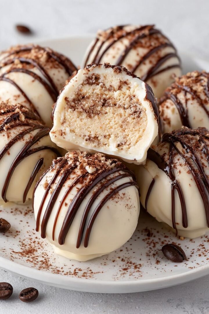 Elegant 20 minute tiramisu truffles with white chocolate coating and dark chocolate drizzle showing creamy filling