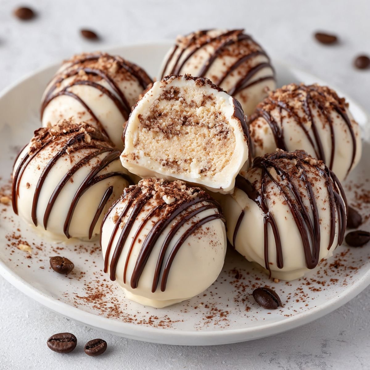 Elegant 20 minute tiramisu truffles with white chocolate coating and dark chocolate drizzle showing creamy filling