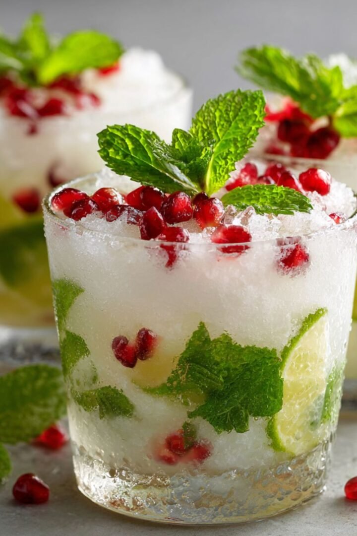 Creamy 5 minute white christmas mojito with fresh mint pomegranate and coconut in clear glasses