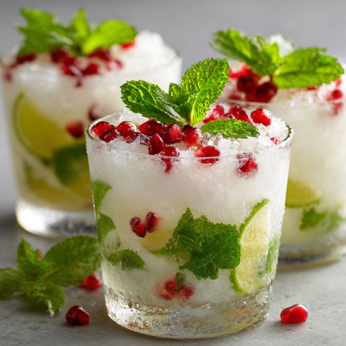 Creamy 5 minute white christmas mojito with fresh mint pomegranate and coconut in clear glasses