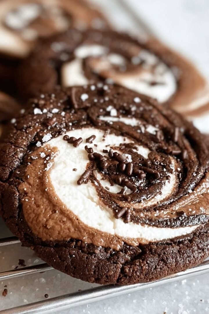 Chocolate marshmallow swirl cookies with rich cocoa dough and gooey marshmallow centers, baked until soft and fudgy with visible chocolate ribbons and crinkled edges.