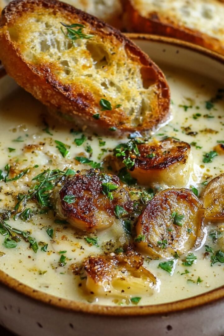 Creamy country French garlic soup topped with roasted garlic cloves, fresh herbs, and golden toasted bread in a rustic ceramic bowl.