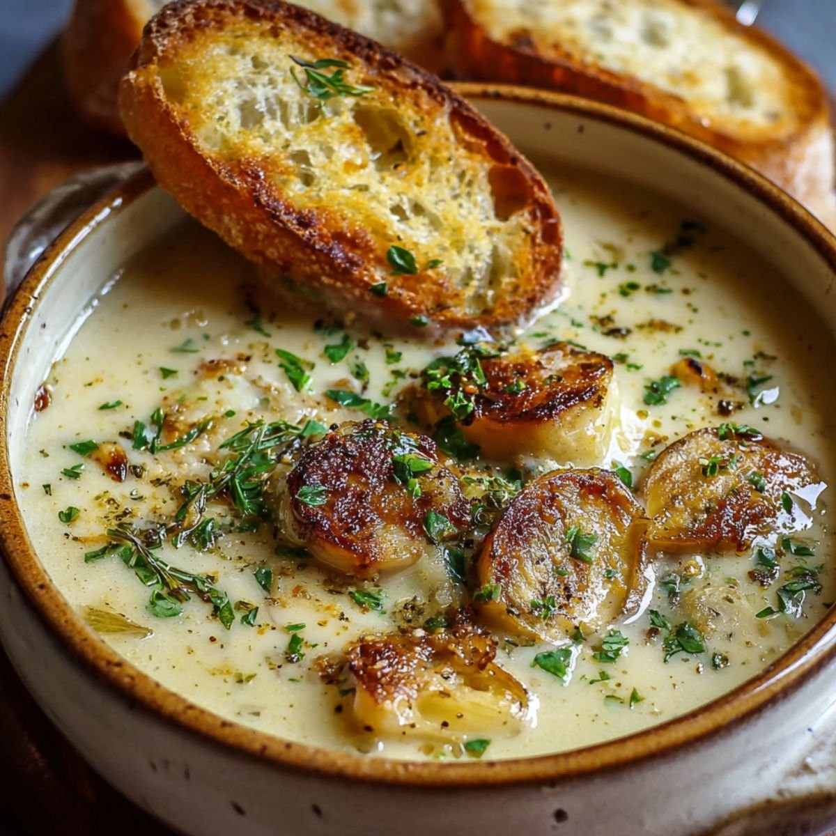 Creamy country French garlic soup topped with roasted garlic cloves, fresh herbs, and golden toasted bread in a rustic ceramic bowl.