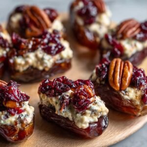 Cranberry pecan cream cheese stuffed dates arranged on a white plate, featuring glossy dates filled with creamy sweetened cream cheese, topped with crunchy pecans and ruby red dried cranberries for a festive holiday appetizer.