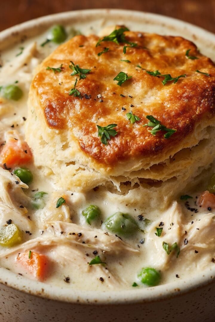Crock pot chicken pot pie with creamy chicken, vegetables, and a golden biscuit topping