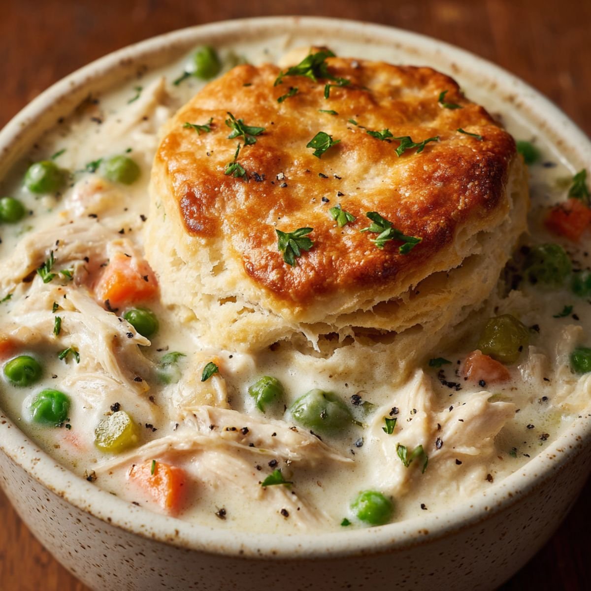 Crock pot chicken pot pie with creamy chicken, vegetables, and a golden biscuit topping