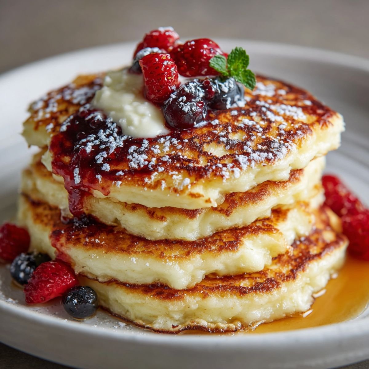 Golden gluten free cottage cheese pancakes with crisp edges, fresh berries, and warm syrup on a white breakfast plate.