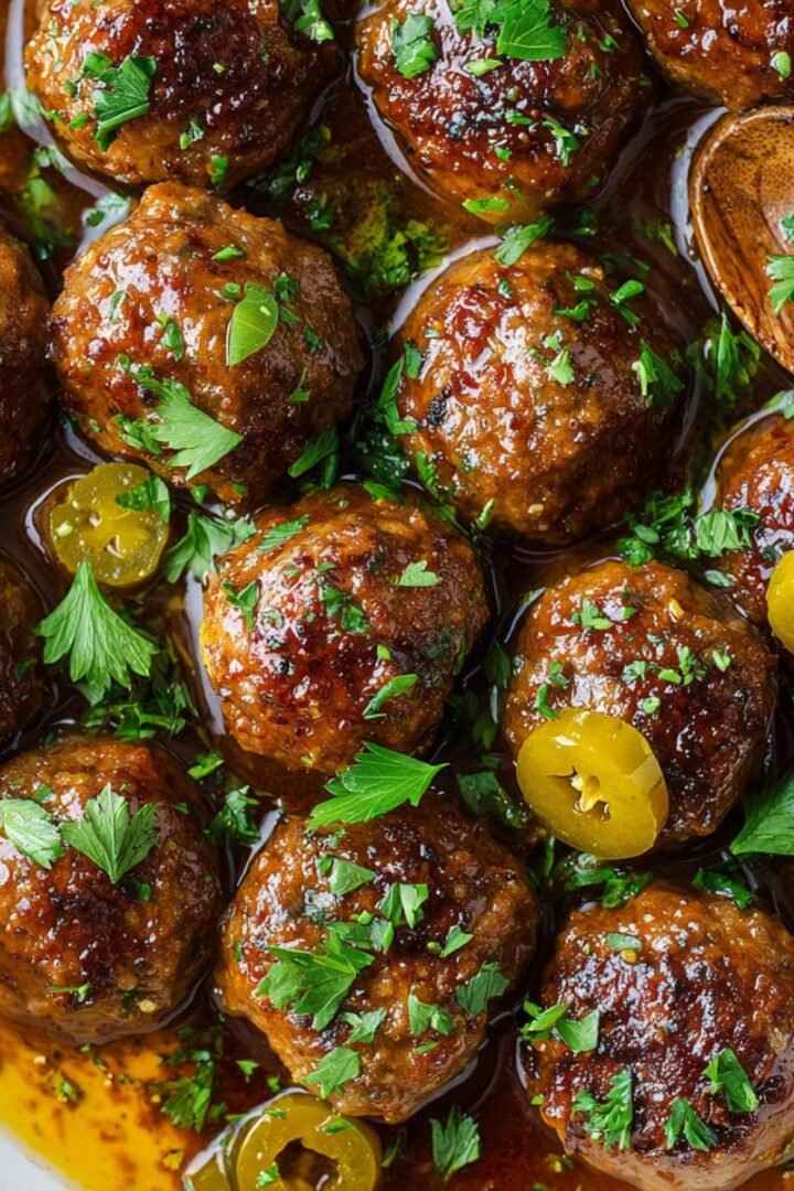 Mississippi crockpot meatballs coated in rich buttery gravy with pepperoncini peppers and fresh parsley, served hot for an easy slow cooker appetizer or dinner.