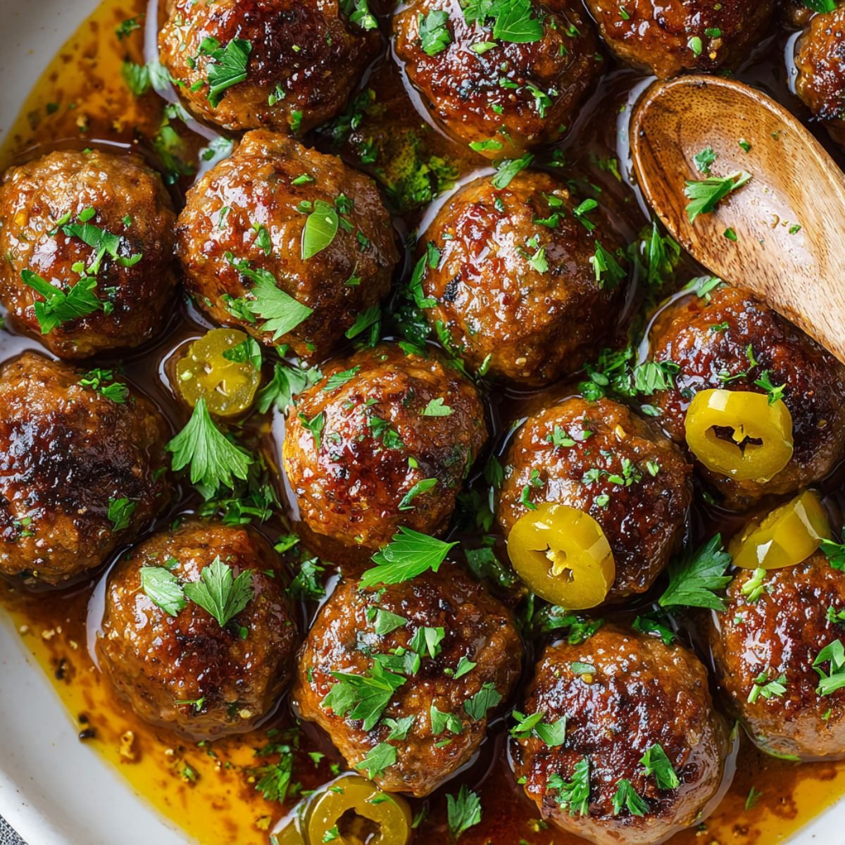 Mississippi crockpot meatballs coated in rich buttery gravy with pepperoncini peppers and fresh parsley, served hot for an easy slow cooker appetizer or dinner.