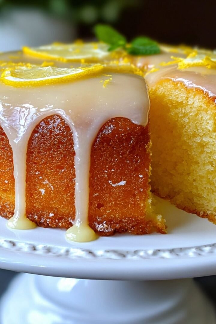 Moist lemon cake with lemon glaze drizzle and fresh lemon slices on top
