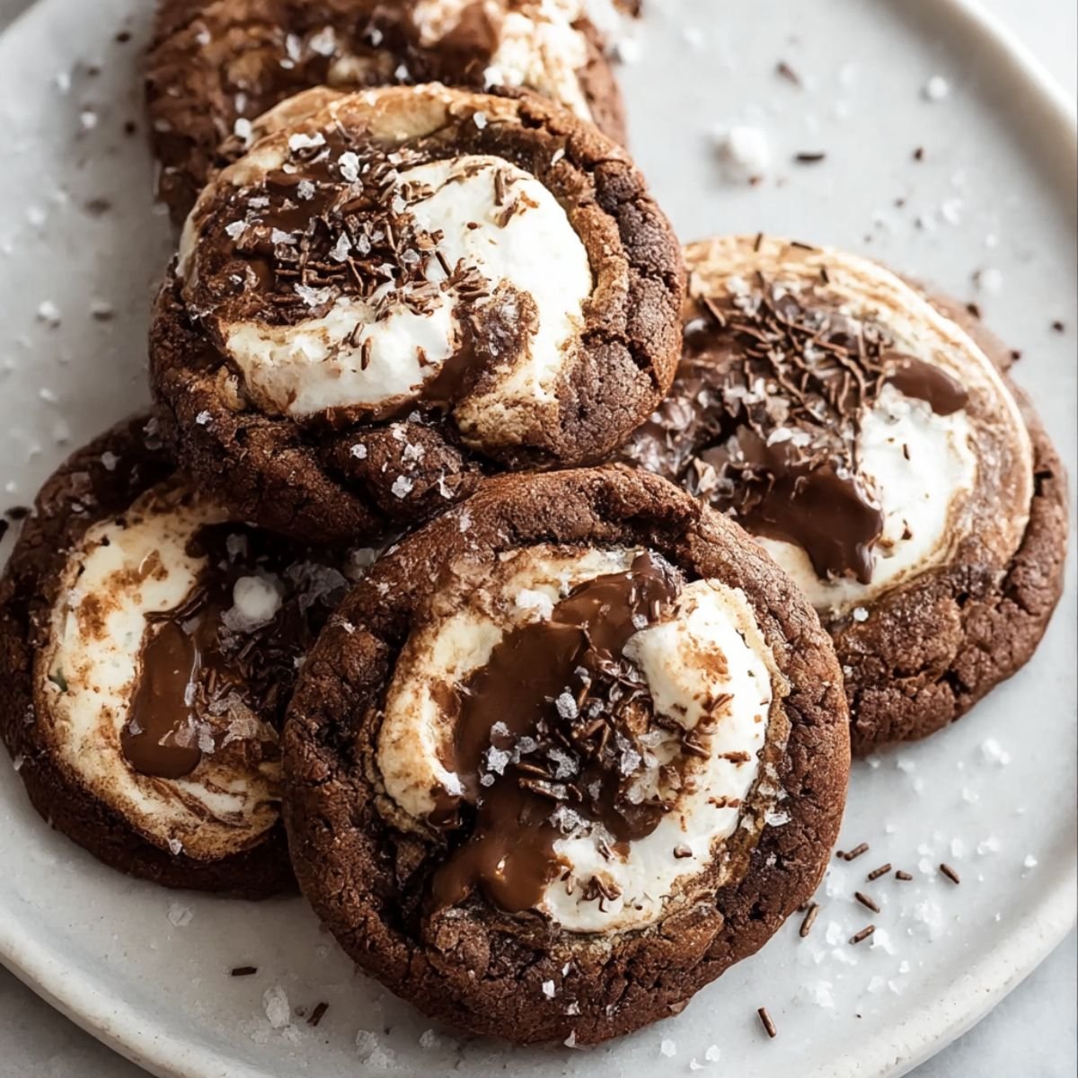 Chocolate marshmallow swirl cookies stacked on a plate, featuring soft chocolate cookies with creamy marshmallow centers and glossy chocolate swirls, finished with a lightly crackled surface.