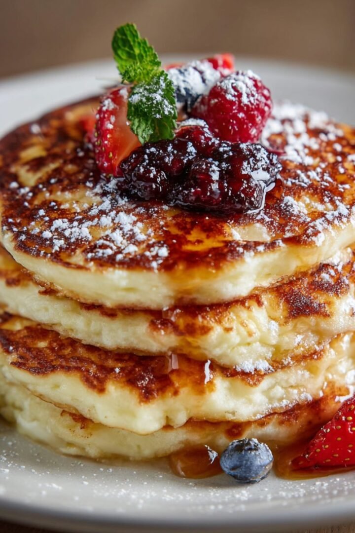 Fluffy gluten free cottage cheese pancakes stacked on a plate, topped with berry compote, powdered sugar, and a drizzle of maple syrup.