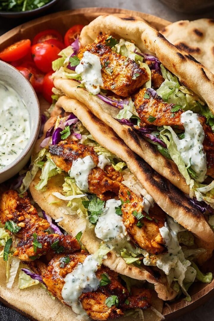 Sheet pan chicken pita stuffed with spiced roasted chicken, shredded lettuce, and purple cabbage, drizzled with creamy herby ranch and served with warm pita bread.