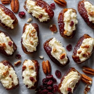 Filling medjool dates with cream cheese for stuffed dates.
