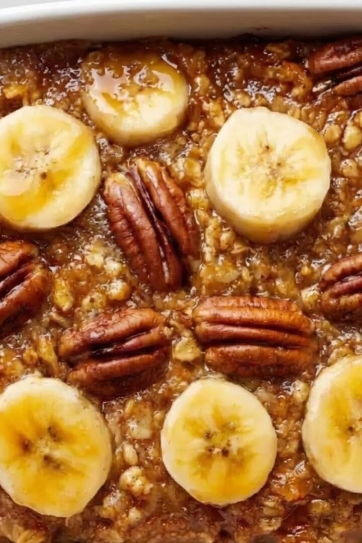 Banana nut baked oatmeal in white oval baking dish with golden-brown caramelized oats, fresh banana slices, whole pecans, maple syrup glaze, and light dusting of cinnamon on top