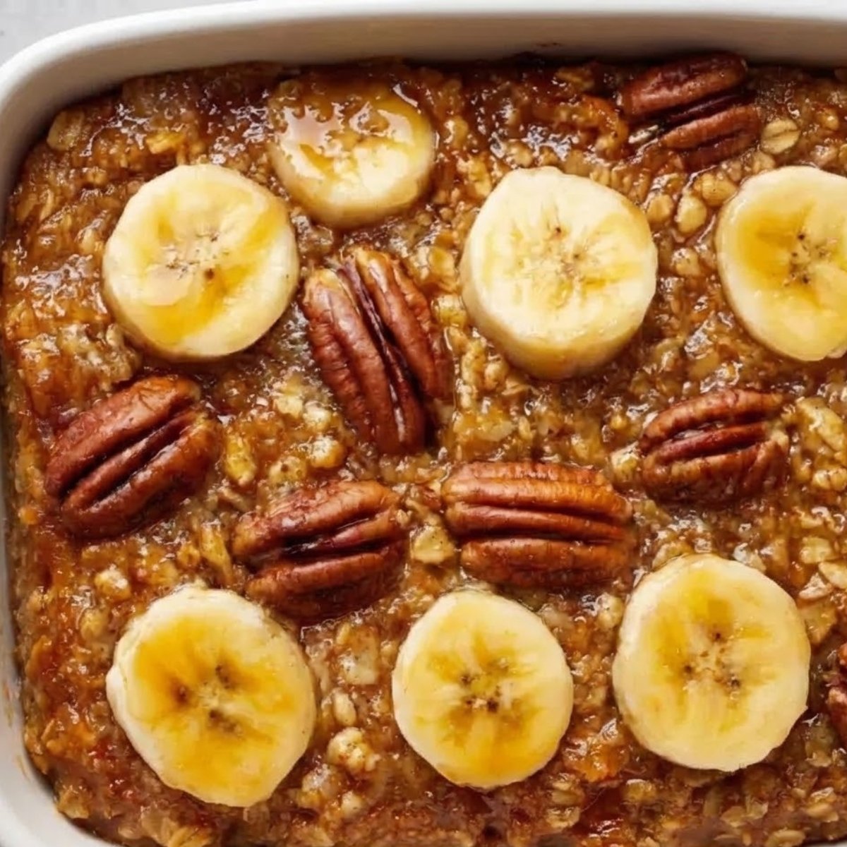 Banana nut baked oatmeal in white oval baking dish with golden-brown caramelized oats, fresh banana slices, whole pecans, maple syrup glaze, and light dusting of cinnamon on top