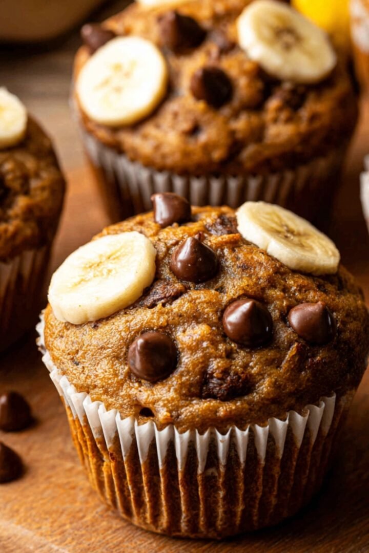Several golden-brown banana protein muffins in white paper liners on a wooden cutting board, each topped with fresh banana slices and chocolate chips, with scattered chocolate chips around the board and bananas blurred in the background.