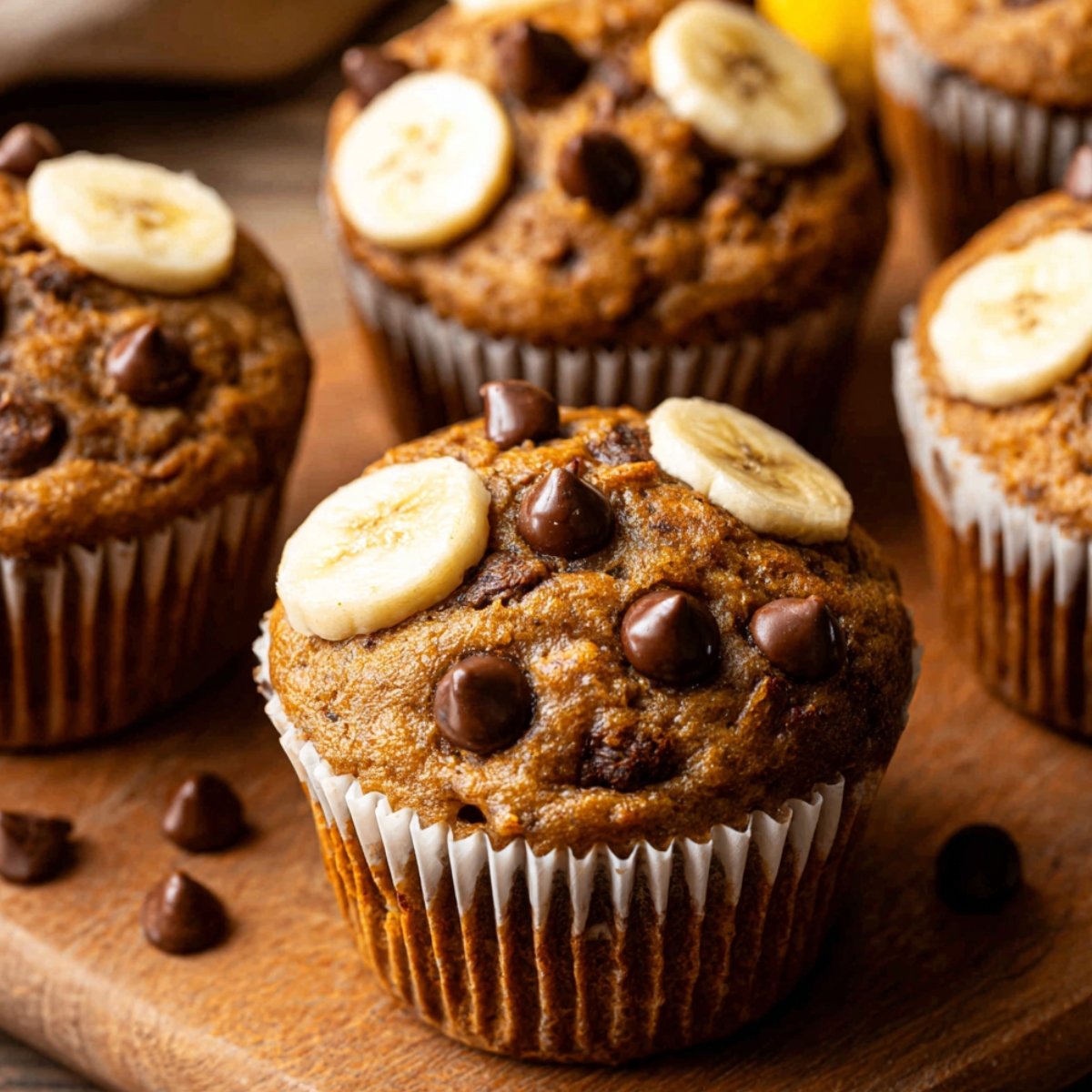 Several golden-brown banana protein muffins in white paper liners on a wooden cutting board, each topped with fresh banana slices and chocolate chips, with scattered chocolate chips around the board and bananas blurred in the background.