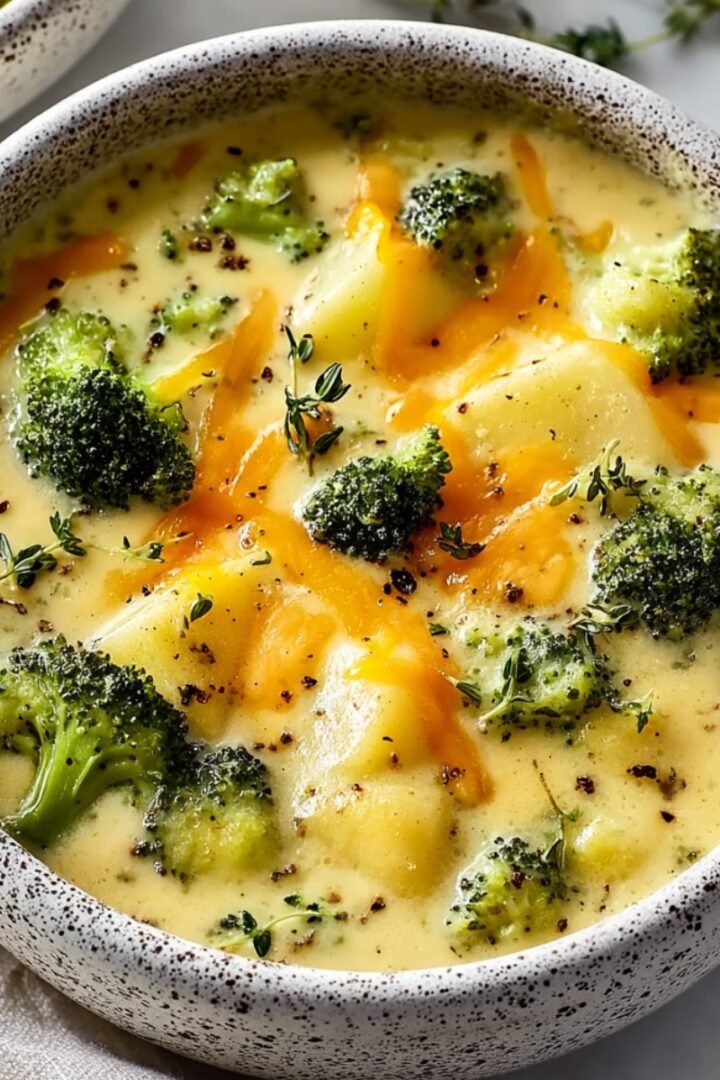 A speckled white ceramic bowl filled with creamy broccoli potato cheese soup, topped with shredded melted cheddar cheese, fresh broccoli florets, diced potatoes, and fresh thyme sprigs, with a second bowl and linen napkin in the background.