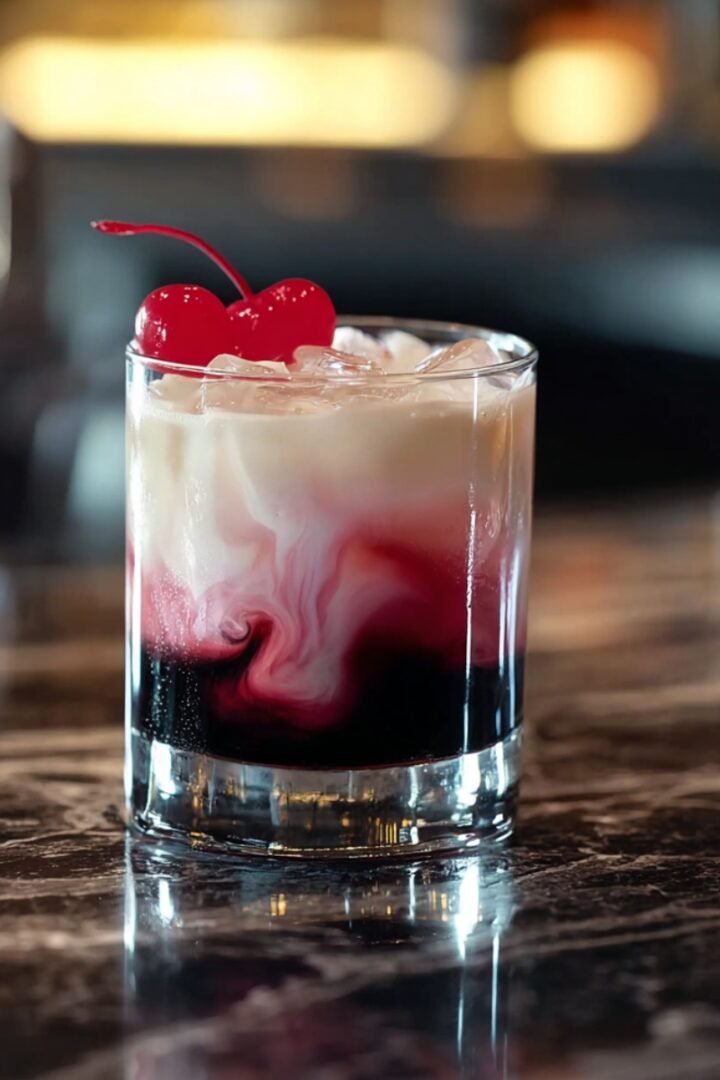 A rocks glass on a dark marble bar top containing a Cherry Rose Mudslide cocktail, showcasing dramatic swirls of deep black cherry liqueur and creamy white layers, topped with ice and two maraschino cherries, with a softly lit bar blurred in the background.